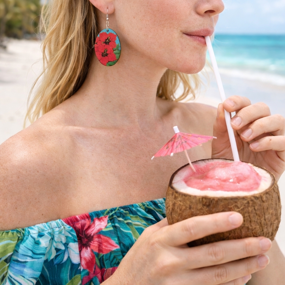 Hand Painted Tropical Floral Earrings | Teal Wood Hibiscus Dangle Earrings